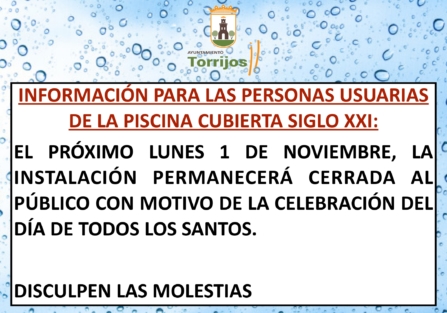 La Piscina Cubierta cierra el 1 de noviembre con motivo del Día de Todos los Santos